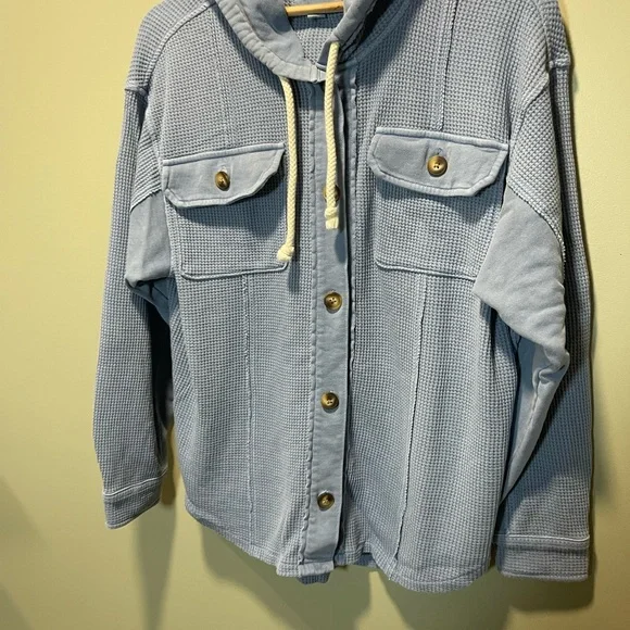 American Eagle Outfitters Waffle Thermal Blue Button Down Jacket - Picture 4 of 6